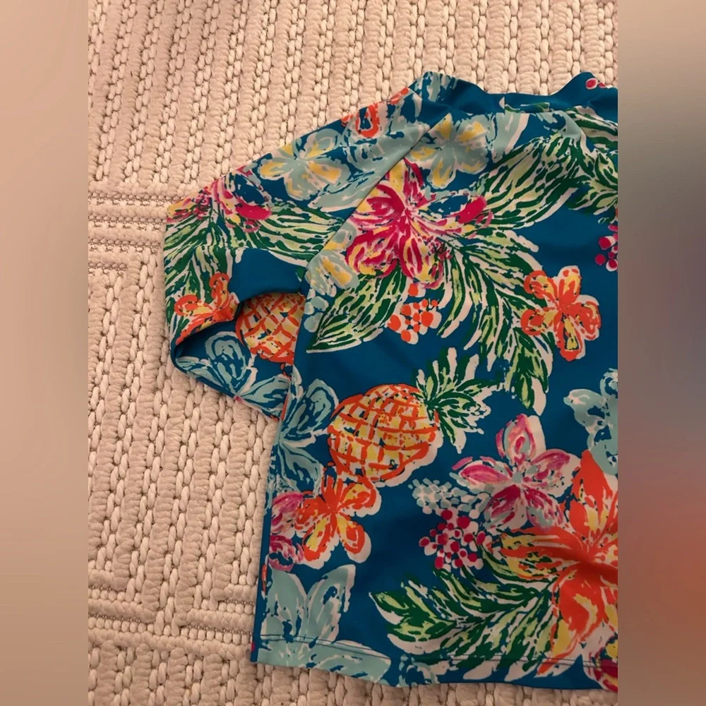 Gymboree Women Sz M (7-8) Blue Pineapple Floral Long Sleeve Rash-guard Swim Top